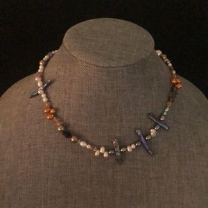 Freshwater Pearl necklace, 18” length. Asymmetrical and fun! Neutral tones.